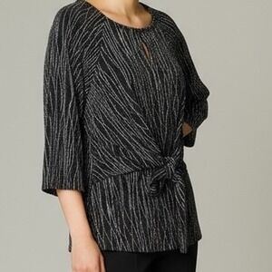 Anne Klein Black Silver Metallic Tie Front Blouse Womens Size L‎